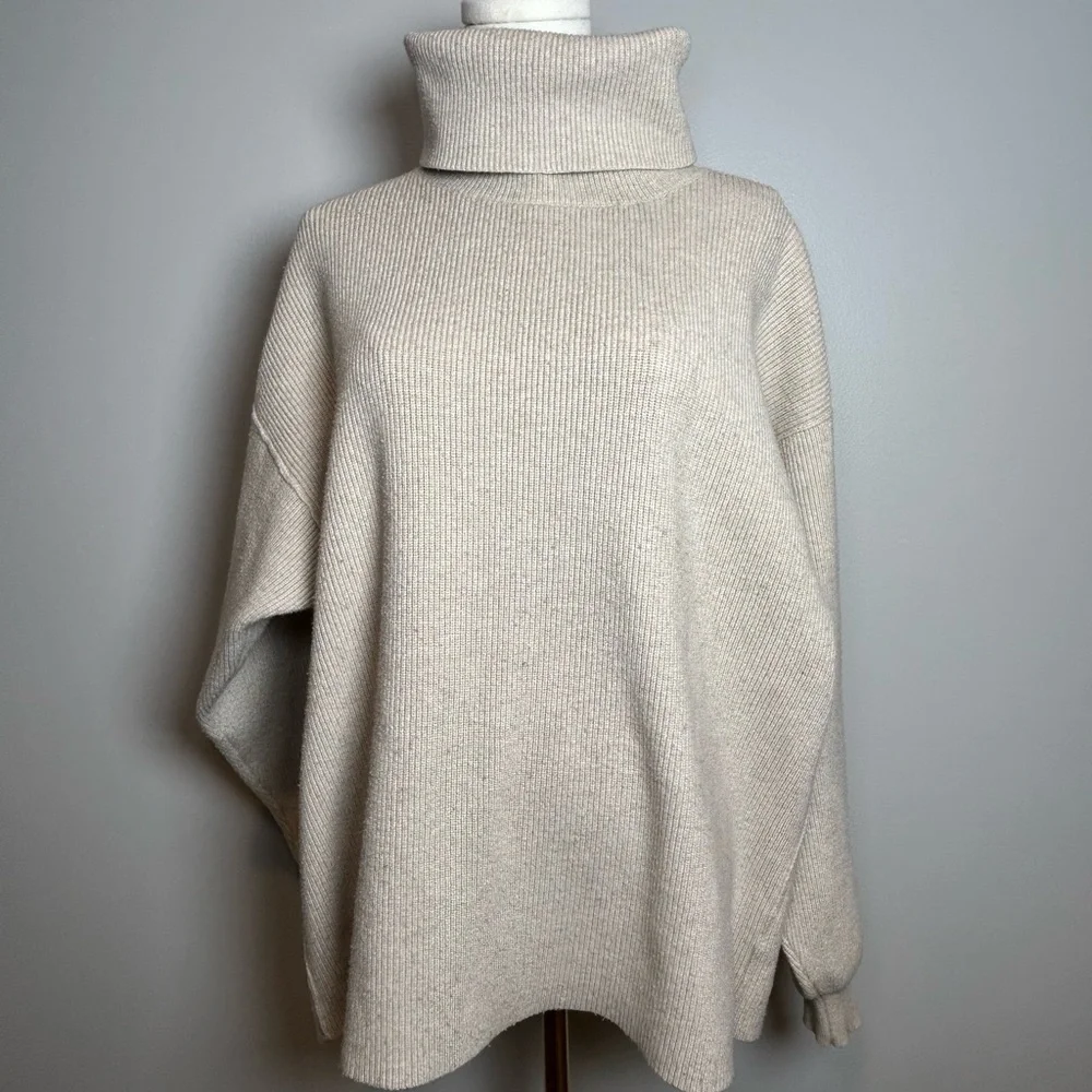 Free people oatmeal ribbed turtleneck sweater oversized boho cozy size small